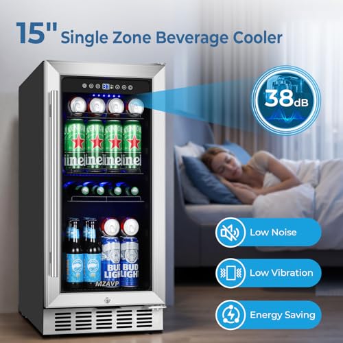 Image of 15 Inch Beverage Refrigerator Under Counter, 130 Cans Beverage Fridge Built-in or Freestanding, 15 inch Drink Cooler with Glass Door, Blue LED Light, Safety Lock - for Home /Kitchen(3.1 cu.ft)