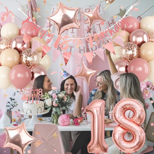 Image of Jobkoo 18th Birthday Decorations for Girls, Retro Pink Nude Number 18 Balloon Set Happy 18th Birthday Banner Cake Topper Dusty Pink Beige Rosegold Star Balloons for Boho 18 Year Old Bday Party Decor