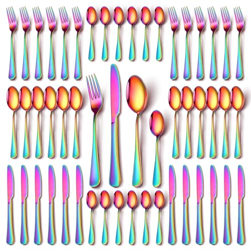 Rainbow Cutlery Set, NINIROR 48 Pieces Food-Grade Stainless Steel Flatware Set for 12 People, Tableware Silverware Set with Spoon Knife and Fork Sets for Home Kitchen, Mirror Polished Dishwasher Safe