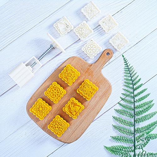 Mooncake Stamps Mold Set, 50G 3D Square Flowers Moon Cake Mold Cookie Press Set Cake DIY Mould Baking Accessories Making Mid Autumn Festival Mooncakes Dessert Cupcake with 6 Stamps, White