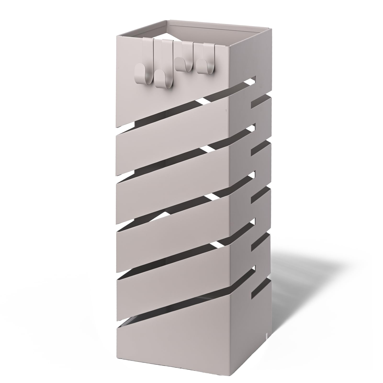 VOUNOT® Metal Umbrella Stand, Square Umbrella Holder, Freestanding Umbrella Storage Rack with Drip Tray & 4 Hooks, Diagonal Pattern for Entryway, Home, Office, 15.5 x 15.5 x 43.5 cm, Beige