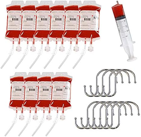MGparty Party Favors Blood Bags for Drinks IV Blood Bags Jello Shots Jumbo Syringes with Cap Set for Zombie Party Decoration (300ml Blood Bag 10pcs+Pothook 10pcs+60ml Shots 1pc)