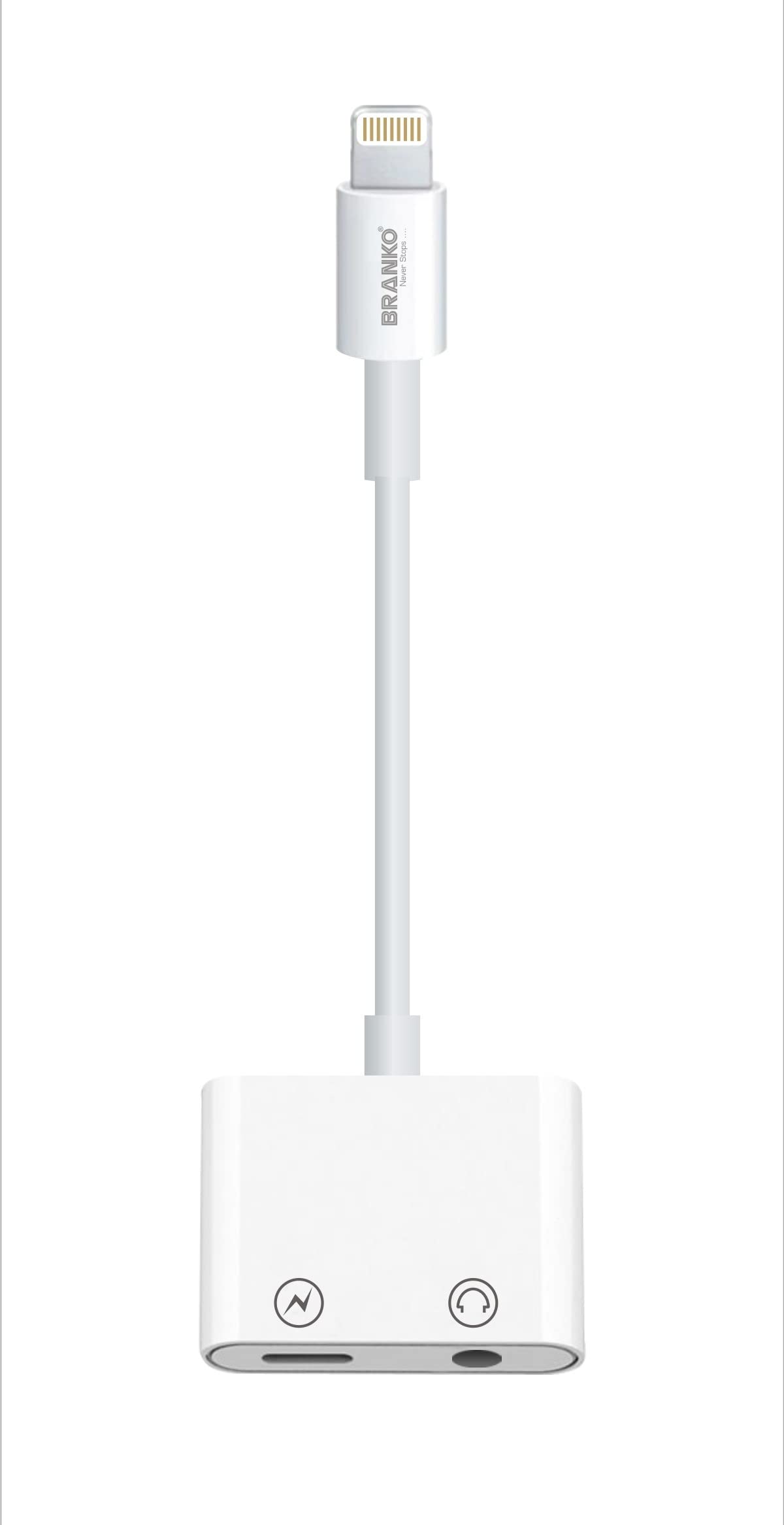 BRANKO Dual Port Lightning Cable Adapter with Charging Jack and 3.5mm Earphone Jack,Music Feature and Charging Connector for iOS Devices. All Version Compatible BR-X13