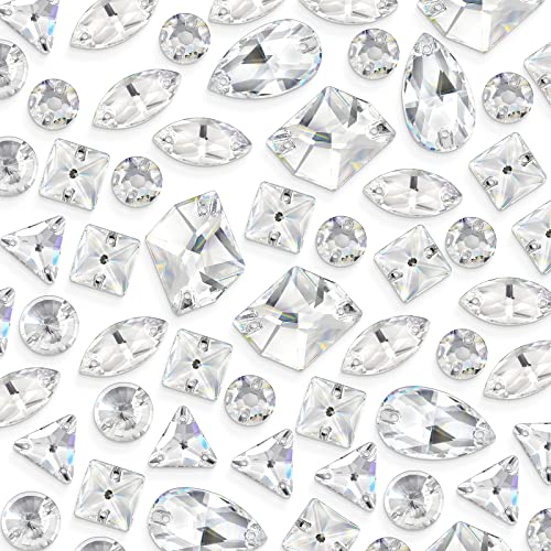 48 PCS Sew on Rhinestones, Mixed Shape Crystal Rhinestones Flatback, Sewing on Glass Gems Rhinestone for Crafts, Clothes, Dress, Costume, Garment(Clear White)