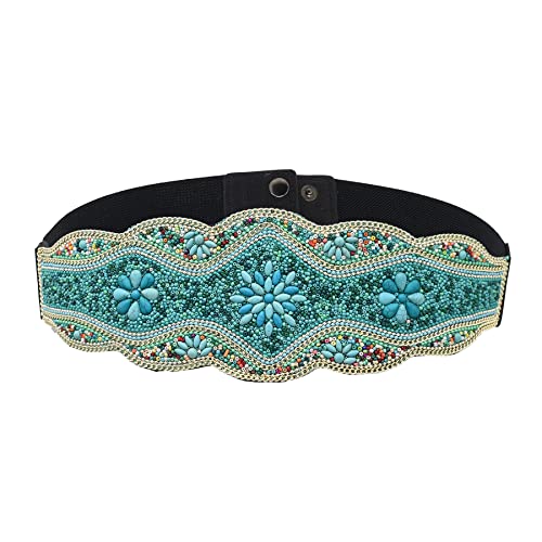 idealway Bohemian Belts for Women Wide Stretch Elastic Waist Belt Body Chain Handmade Beaded Flower Adjustable Belt