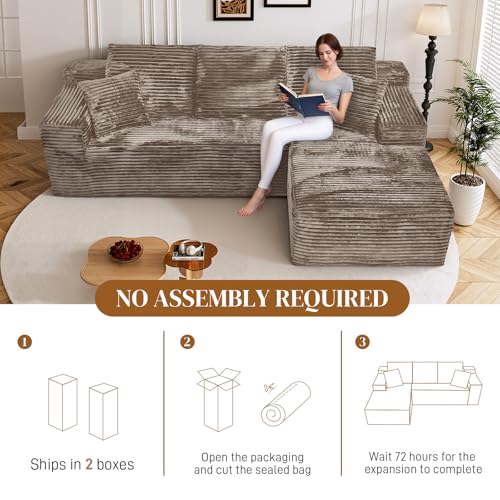Image of 108 inch L Shaped Boneless Sectional Couches for Living Room, Comfy Corduroy Floor Cloud Sofa with Chaise, Wide Armrest, Deep Seat, Memory Foam, Assembly Free, Ideal for Small Spaces, Brown