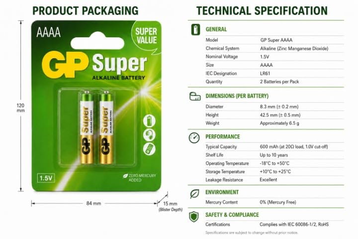 Image of Compatible with GP Super Alkaline AAAA 1.5V Battery (Pack of 2)
