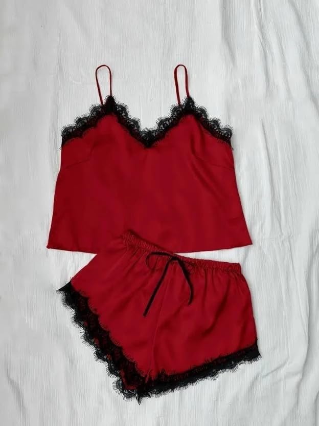 Image of Women's Satin Pajama Set with Lace Trim Camisole Top and Shorts Sleepwear Set Pack of2-1top 1nikkar
