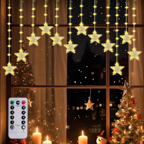 Bonlux 120 LED Luci a Tendina Stelle, 8 Modalità & 11 Livelli Luminosità, 3m Luci Stelle a Batteria con Timer/Memoria, IP44 Impermeabili per Natale, Feste (12 Ganci Inclusi)