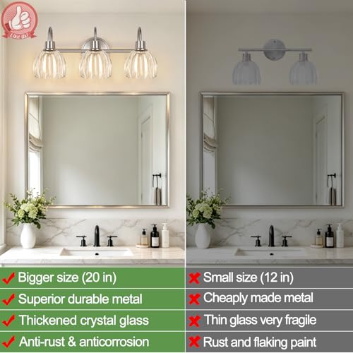 Image of 3-Light Bathroom Light Fixtures, 20 inch Vanity Light Over Mirror with Ribbed Clear Tulip Glass Shades, Brushed Nickel Wall Lights for Bathroom, Bedroom, Living Room, Hallway (Bulb Not Included)