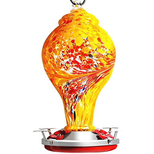 DELOMO Hummingbird Feeders Outdoors,Bird Feeders,36 Oz Garden Bird Feeders,Leak Proof Hand Blown Glass Hummingbird Feeder,Ant,Bee and Squirrel Proof