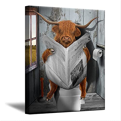 ZHONGYUTONG Divertente arte della parete della toilette incorniciata Mucche Highland Cattle leggono i giornali nella toilette Poster e stampe Pittura moderna del bagno per la parete (40x60cm)