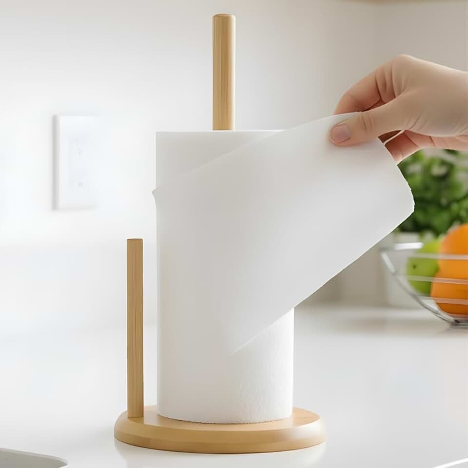 Porta Papel Toalha de Bambu, Organizador de Cozinha, Suporte para Papel Toalha com Design Minimalista, Bambu 100% Ecológico - Casa e Decoração (28,5 x 16cm, Base Redonda Sem Bolinha de Peso)