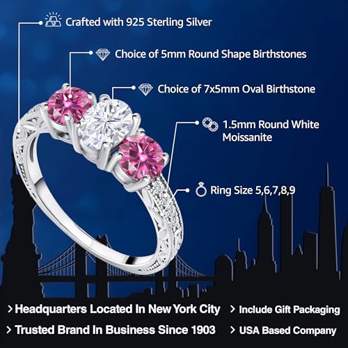 Gem Stone King Personalized and Customized 3-Stone Engagement Ring For Women | 925 Sterling Silver | 7X5MM Oval and 5MM Round | Gemstone Birthstone and Moissanite | Available In Size 5-92