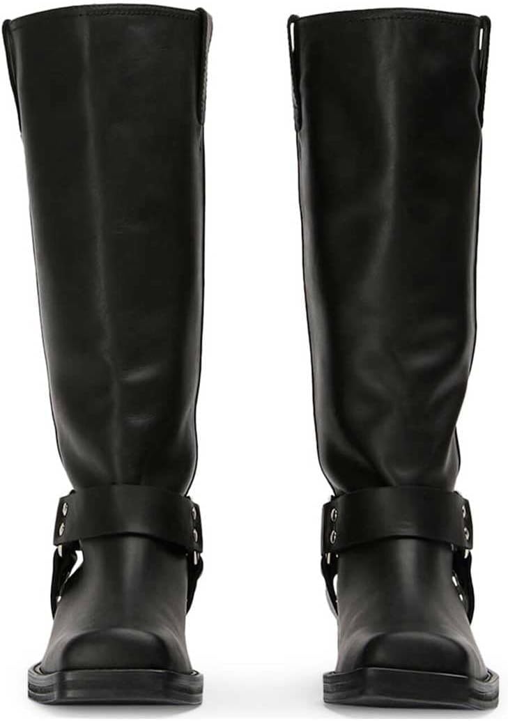 FIFSY Women's Knee High Boots Square Toe Riding Boots Motorcycle Buckle Booties, Black US 9 - Image 6