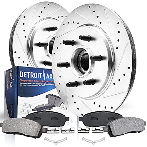 Image of Detroit Axle - RWD 6 Lugs Front Brake Kit for 2004-2008 Ford F-150 | 2006-2008 Lincoln Mark LT 2004 2005 2006 2007 2008 Drilled and Slotted Brake Rotors Ceramic Brake Pads Replacement Brakes Kit