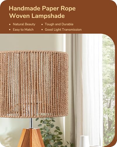 image for EDISHINE Small Rattan Table Lamp, Wood Tripod Bedside Lamp, Boho Night