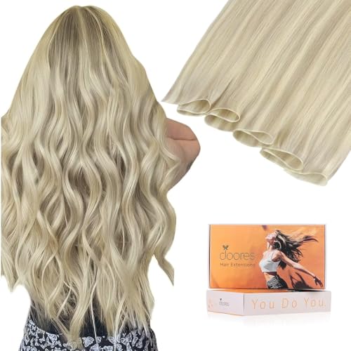 Image of DOORES Weft Hair Extensions Human Hair, Virgin 20 Inch Ash Blonde Highlighted Platinum Blonde 60g, Hand Tied Genius Sew in Weft Extensions