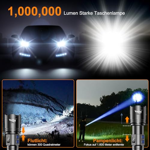 Relybo Taschenlampe LED Aufladbar 1000000 Lumen, LED Taschenlampe Extrem Hell XHM90.2 Batteriebetrieben USB, Starke Taktische Taschenlampe, 2 Schalter Stufenlos Dimmbar Flashlight for Outdoor Notfälle