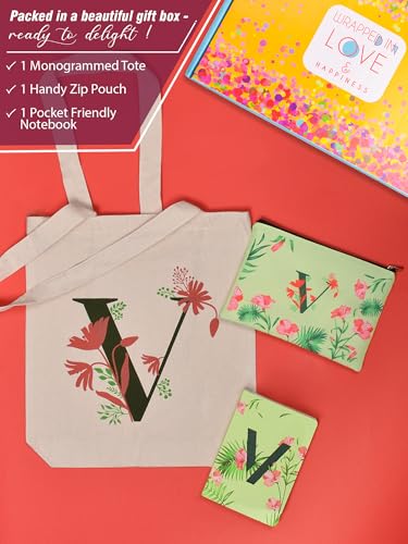 Image of DOODLE Monogram V Diary Gift Set with Tote Bag and Pouch | B6 Soft Bound Ruled Notebook | Stationery Gift Set for Women