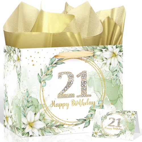 Green 21st Birthday Gift Bag Large Happy 21st Birthday Gift Bag with Tissue Paper and Card Sage Greenery 21 Years Old Party Favor Bags Twenty-one Gift Wrap Bags for Girls Boys Bday Party Decorations