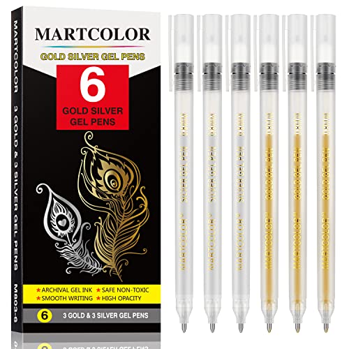 Martcolor Gold Silver Metallic Gel Pen Set, 0.8Mm Fine Point Gel Ink Pens, Archival Gel Ink Pens For Artist, Black Paper Drawing, Sketching, Writing, Illustration, Pack Of 6 #TOP10
