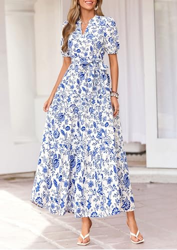 Image of PRETTYGARDEN Women's Summer Boho Floral Maxi Dresses | Bohemian Flower, Short Sleeve V Neck, Fit and Flare, A Line, Flowy Tiered, Belt Pocket, Wedding Guest, Beach Vacation Outfits