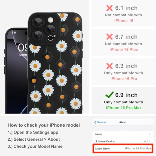 Image of Designed for iPhone 16 Pro Max Case, Cute Daisy Flower Floral Pattern Design, Slim Soft TPU Liquid Silicone Protective Cover for Women Girls - Black