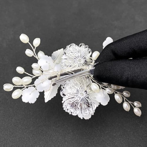 Pinzas para el cabello con flores y perlas plateadas miniatura 6