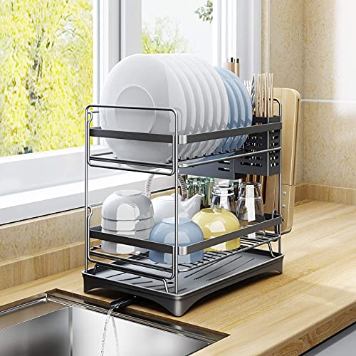 Dish Drying Rack, 2 Tier Dish Rack and Drainborad Set, Dish Drainer for Kitchen Counter, Stainless Steel Large Capacity Dish Organizer with Utensil Holder, Cutlery Holder, Cutting Board Holder