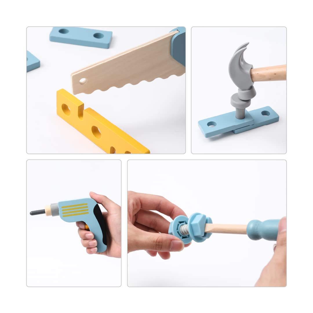 umu® Juego de Herramientas de Madera para niños con Taladro, Sierra, Tornillos, etc., Cinturón de Herramientas para Juegos de imitación, Juguete de Madera de 25 pzas. para niños de 3, 4, 5 años
