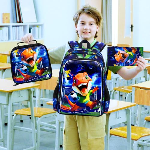 Image of 16 inch Dinosaur Soccer Backpack Set for Boys 4-8, 3Pcs Preschool Bookbag with Football Lunch Box & Pencil Case, Lightweight School Bag (Blue)