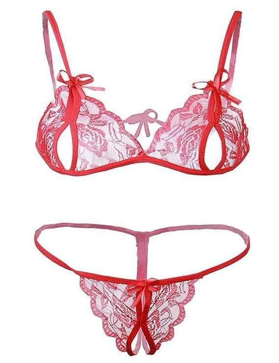 hsunat Women’s Open Cup Lace Bra & Thong Lingerie Set | Sheer Floral Mesh Bralette with Adjustable Straps | Alluring Sheer Lingerie for Valentine's & Honeymoon-picture-35