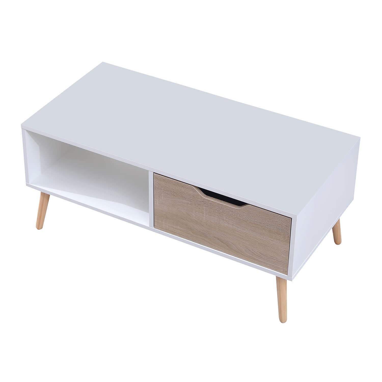 Happy Garden Mesa de Centro con cajón Blanco Estilo escandinavo Freja. Mesa de Centro de Madera con almacenaje. Mesa Rectangular con Patas de Madera.
