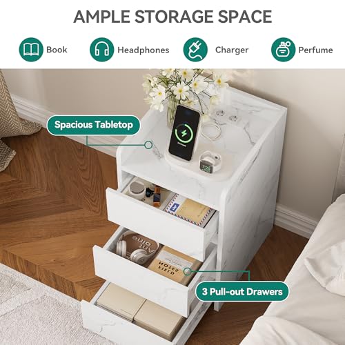 YITAHOME Nachttisch mit 3 Schubladen Netzteil 2 USB-Anschlüssen Marmorweiß – Ansicht 4