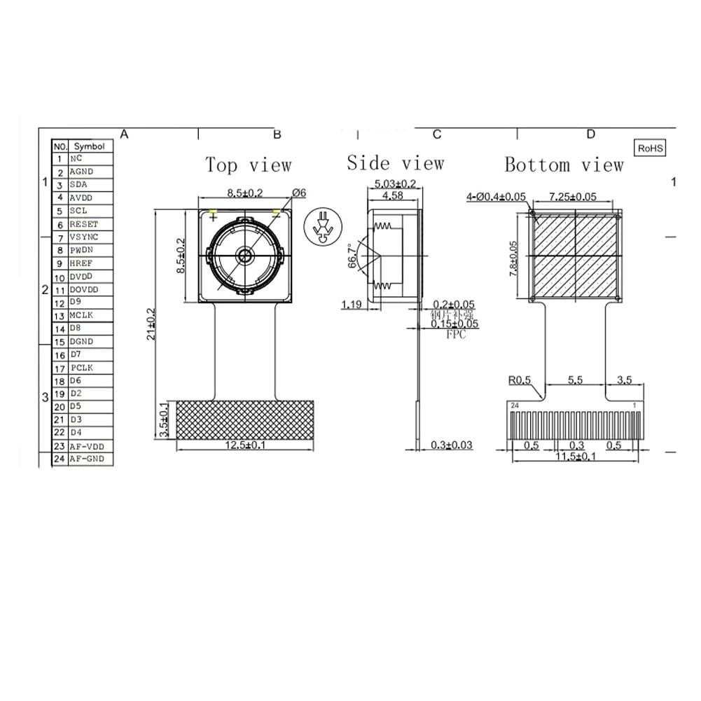 Lot de 2 modules de caméra haute définition OV5640 AF 70 degrés 5MP pour -CAM Auto Focus Soft Board 24 broches 0,5 mm