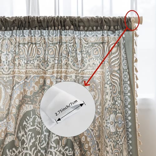Image of Sage Green Medallion Curtains 72 Inches Long, Boho Farmhouse Light Filtering Rod Pocket Drapes with Tassel Trim for Bedroom Living Room, 2 Panels
