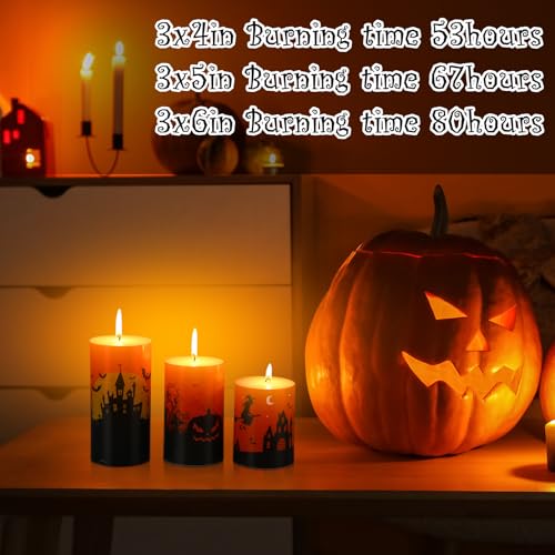Conelist ハロウィンピラーキャンドル ロングバーニングワックス 3個セット 4、5、6インチ 滴り落ちない 無香 無香 パンプキン 城 コウモリ 魔女の墓石 キャンドル ハロウィンパーティー装飾用 [4]
