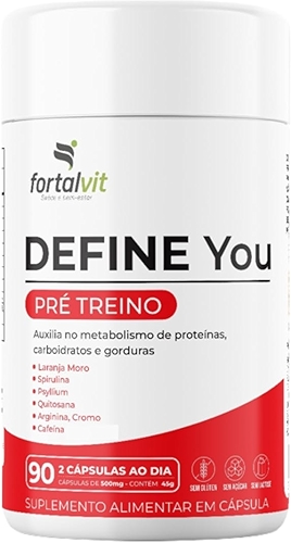 DEFINE - Morosil + Spirulina, Cafeína, Café Verde, Picolinato de Cromo, Psyllium, Arginina e Quitosana, 90 Cápsulas, Fortalvit