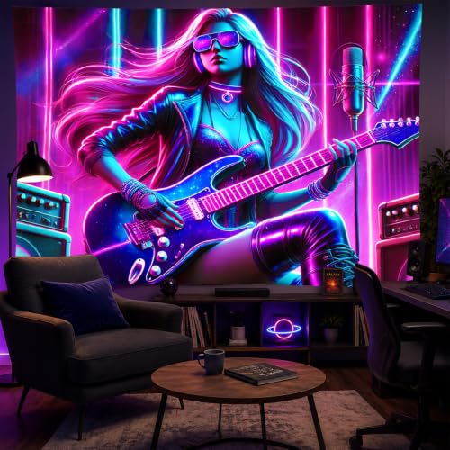 Image of BlissYard Blacklight Anime Tapestry 78x59 Inch Cool Wall Decor | Cool Girl Art Tapestry for Bedroom Glow In The Dark UV Reactive Black Light Tapestries Posters Wall Hanging Room Party Decor