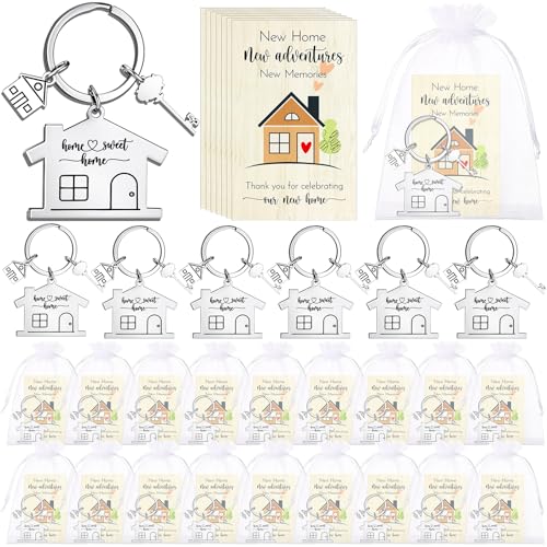Henoyso 24 Sets Housewarming Party Favors House Warming Return Gifts New Home Keychains with Thank You Cards and Organza Bags Welcome Gifts for House Guests Housewarming Party Decorations
