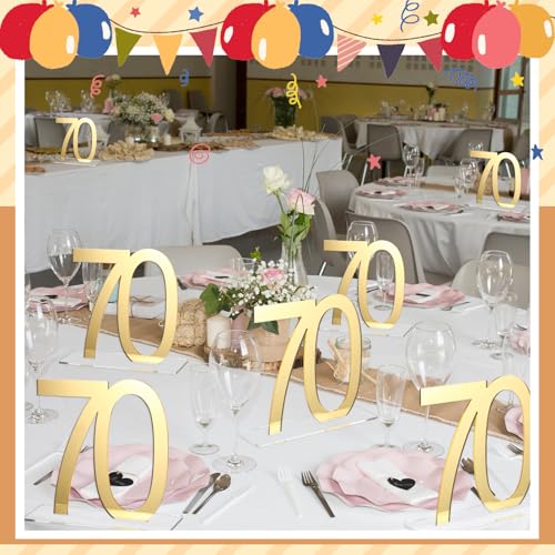 Image of Threehoney 12 Pcs Mirror Gold 70th Birthday Decorations for Men and Women Acrylic Anniversary Decorations Table Numbers Centerpieces for Birthday Party