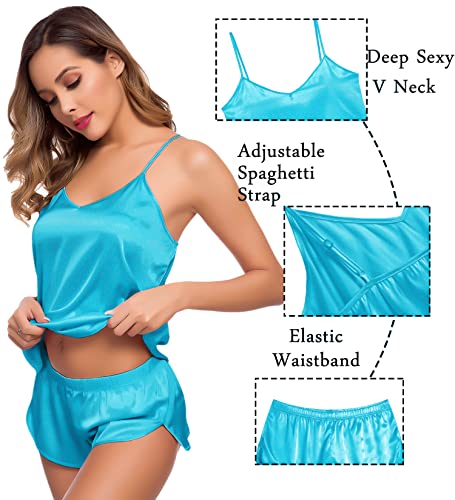 Image of SWOMOG Womens Silk Satin Pajamas Sets 4pcs Sleepwear Sexy Cami Shorts Set and Button Down Short Sleeve Pjs Loungewear Light Blue XX-Large