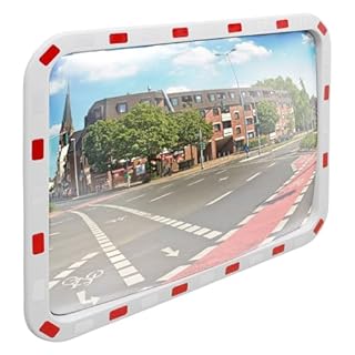 ECD Germany Specchio Stradale Convesso Rettangolare - 60 x 80 cm - in Plastica ABS - Bianco Rosso - Specchietto di Segnalazione Traffico con Riflettori Parabolico Cornice Riflettente Sicurezza Negozio