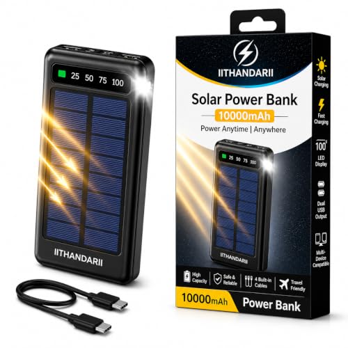 Image of THANDAR 10000mAh Solar Power Bank | Dual USB Output, Type-C Fast Charging Input, LED Torch, Emergency Solar Charging