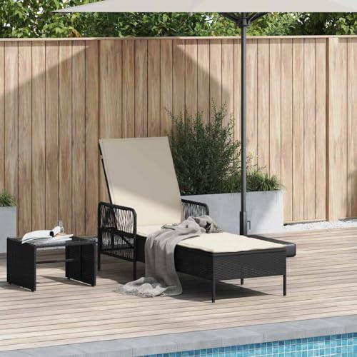 Chaise longue en polyrotin noir résistante aux intempéries avec coussin - 4