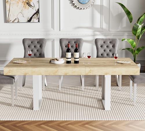 Image of Oak Dining Room Table Set for 8, 9-Piece 63 inch-78.74 inch Extendable Dining Table Set with 8 Upholstered Chairs, Rectangle Wooden Expanding Kitchen Table and Grey Chairs Set