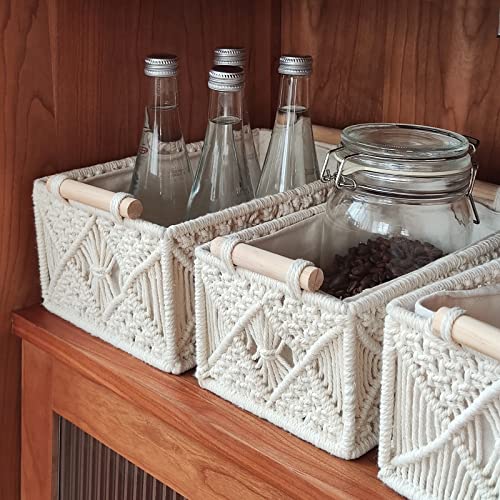 Anminy 5Pcs Macrame Storage Baskets Set Handmade Woven Cotton Rope Storage Bins Decor Boho Nursery Boxes With Wood Handles Removable Washable Linen Liner Countertop Toilet Tank Shelf Cabinet Organizer #TOP6