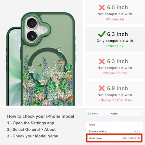 Image of Magnetic for iPhone 17 Case for Women Girls, Green Floral | Pretty Oil Painting Flower Pattern Design [Compatible with MagSafe] Shockproof Slim Translucent Matte Non-Slip Cover