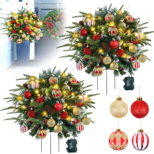 2 Pack Christmas Tree Urn Filler Battery Operated Pre-lit Xmas Pine Trees with Christmas Balls Tripod Stake LED Lights for Porch Yard Garden Outdoor Holiday Decorations